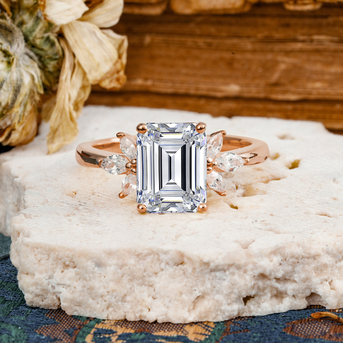 Vintage Emerald Cut Lab Diamond Side Stone Engagement Ring with Marquise Accents - Additional view
