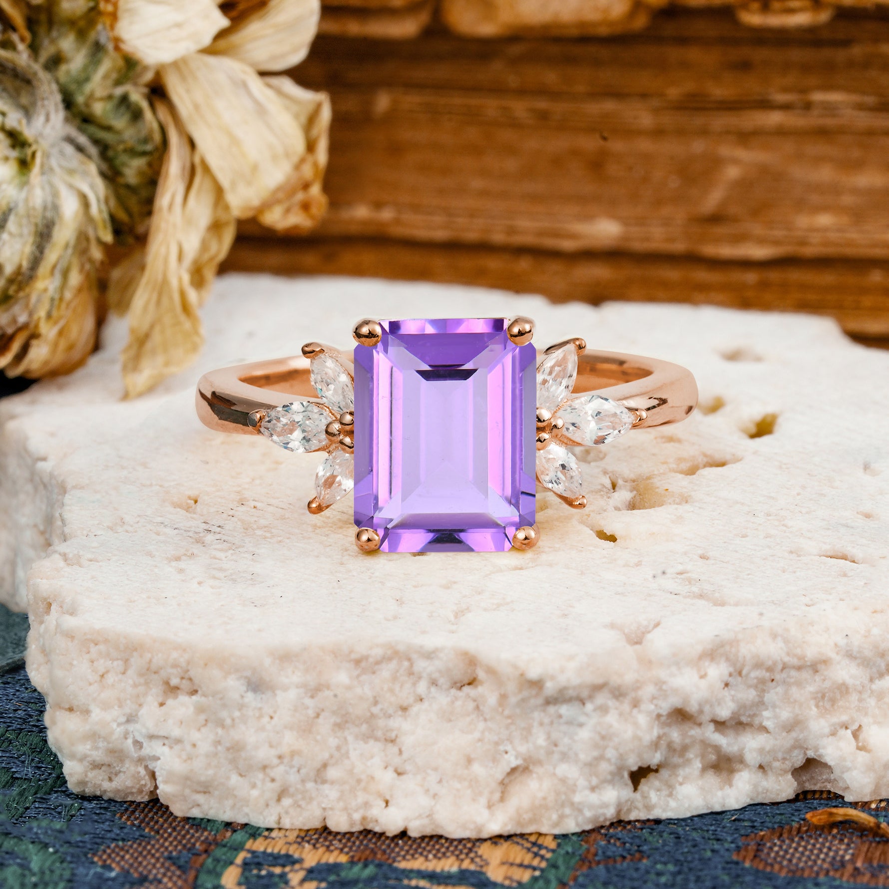 Vintage Emerald Cut Amethyst Side Stone Engagement Ring with Marquise Accents - Additional view
