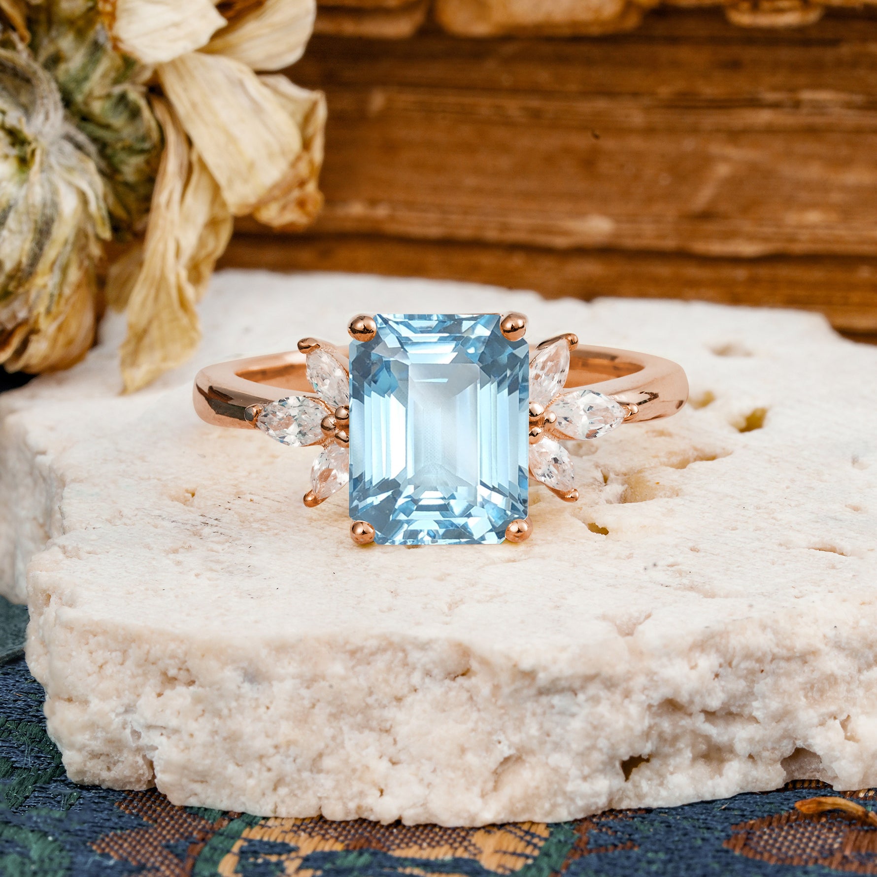 Vintage Emerald Cut Aquamarine Side Stone Engagement Ring with Marquise Accents - Additional view
