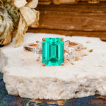 Vintage Emerald Cut Emerald Side Stone Engagement Ring with Marquise Accents - Additional view