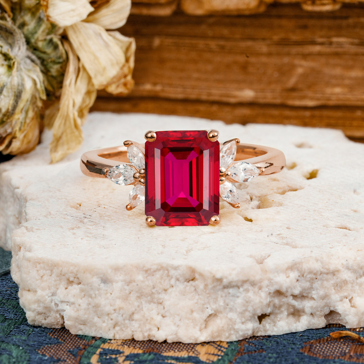 Vintage Emerald Cut Ruby Side Stone Engagement Ring with Marquise Accents - Additional view