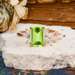 Vintage Emerald Cut Peridot Side Stone Engagement Ring with Marquise Accents - Additional view