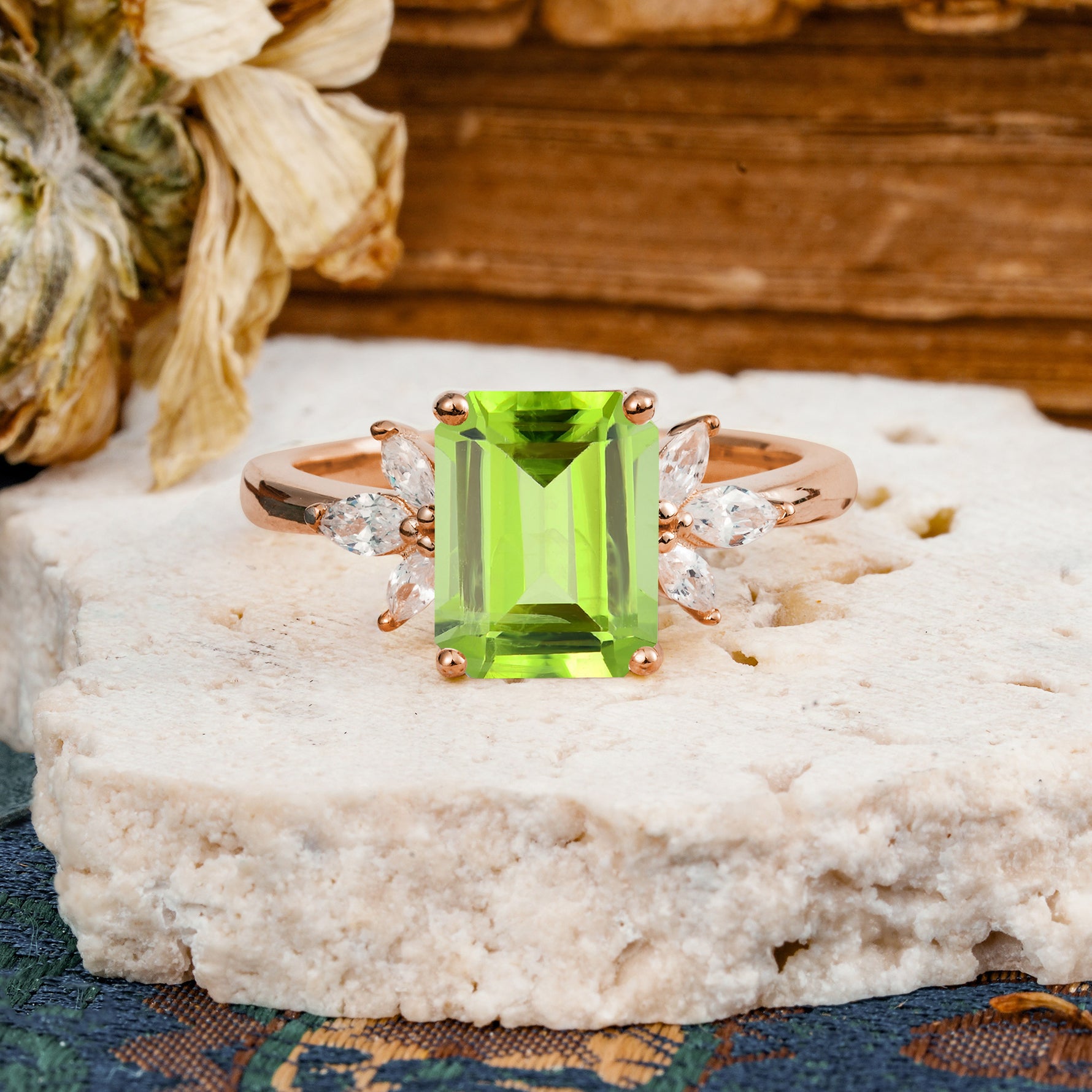Vintage Emerald Cut Peridot Side Stone Engagement Ring with Marquise Accents - Additional view
