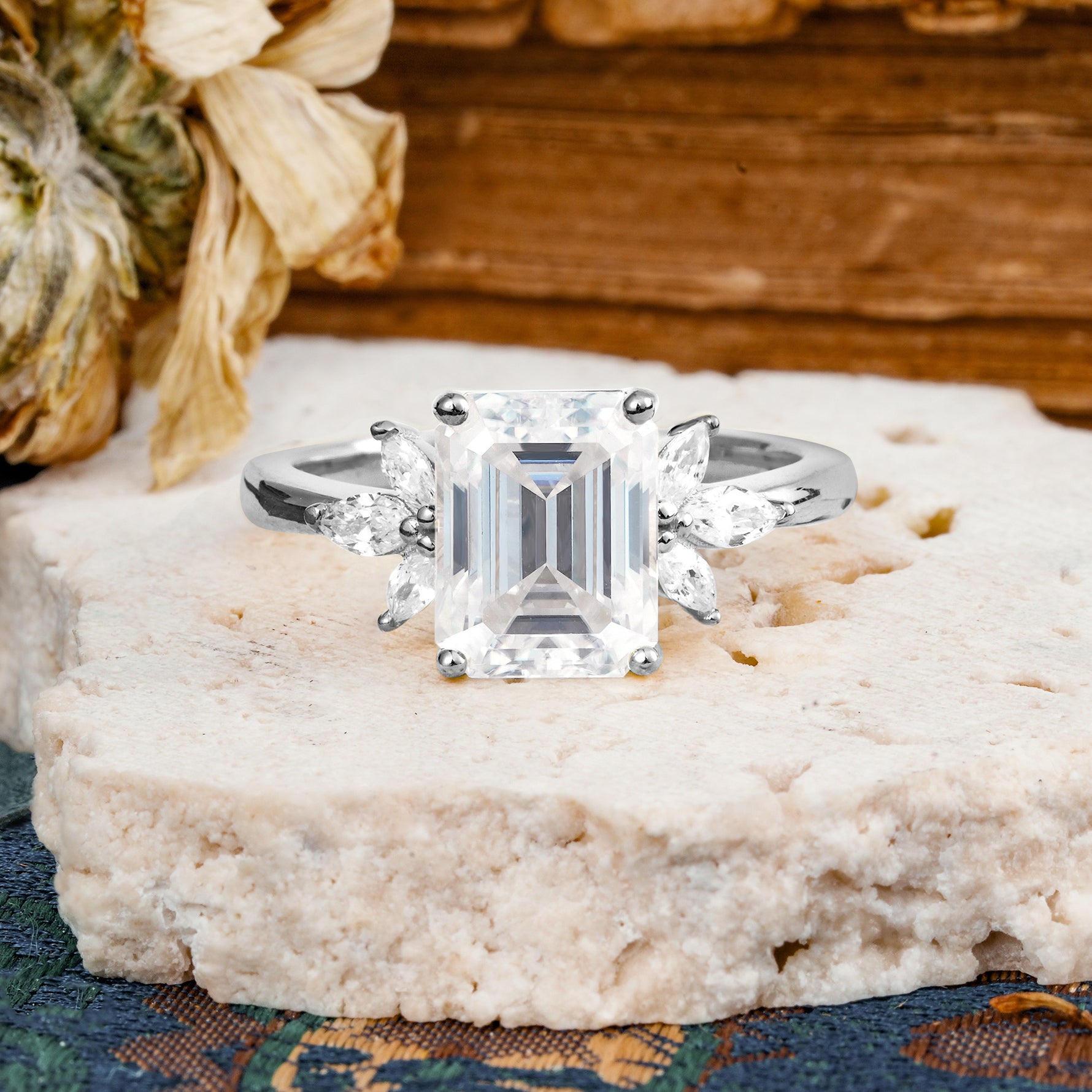 Vintage Emerald Cut Moissanite Side Stone Engagement Ring with Marquise Accents - Additional view