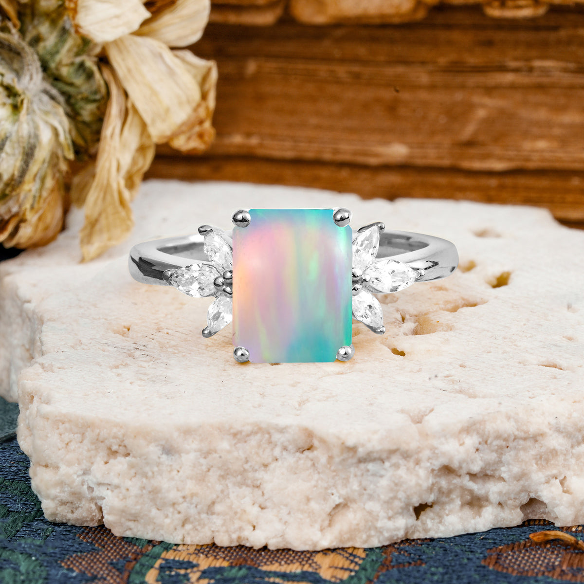 Vintage Emerald Cut Fire Opal Side Stone Engagement Ring with Marquise Accents - Additional view