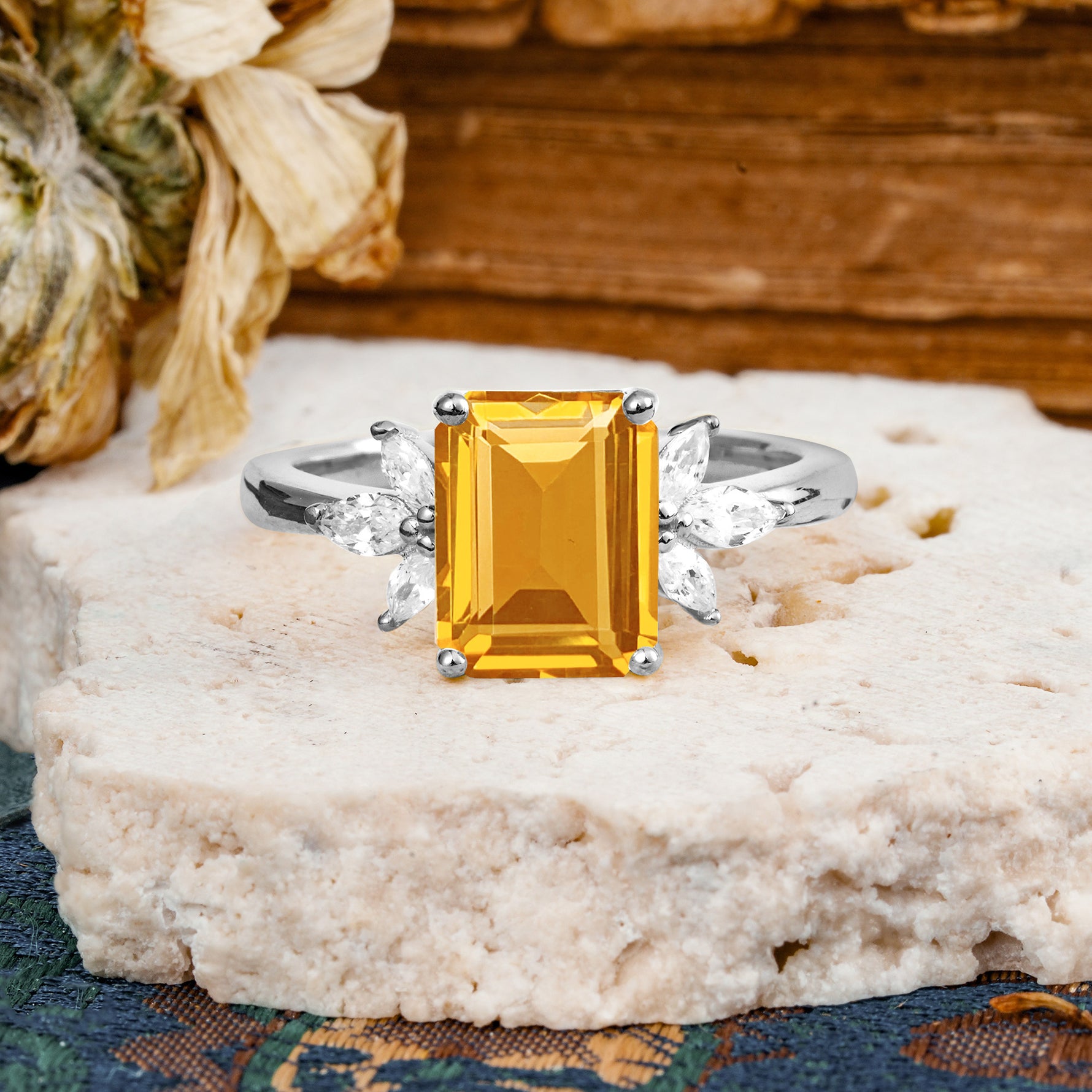 Vintage Emerald Cut Citrine Side Stone Engagement Ring with Marquise Accents - Additional view
