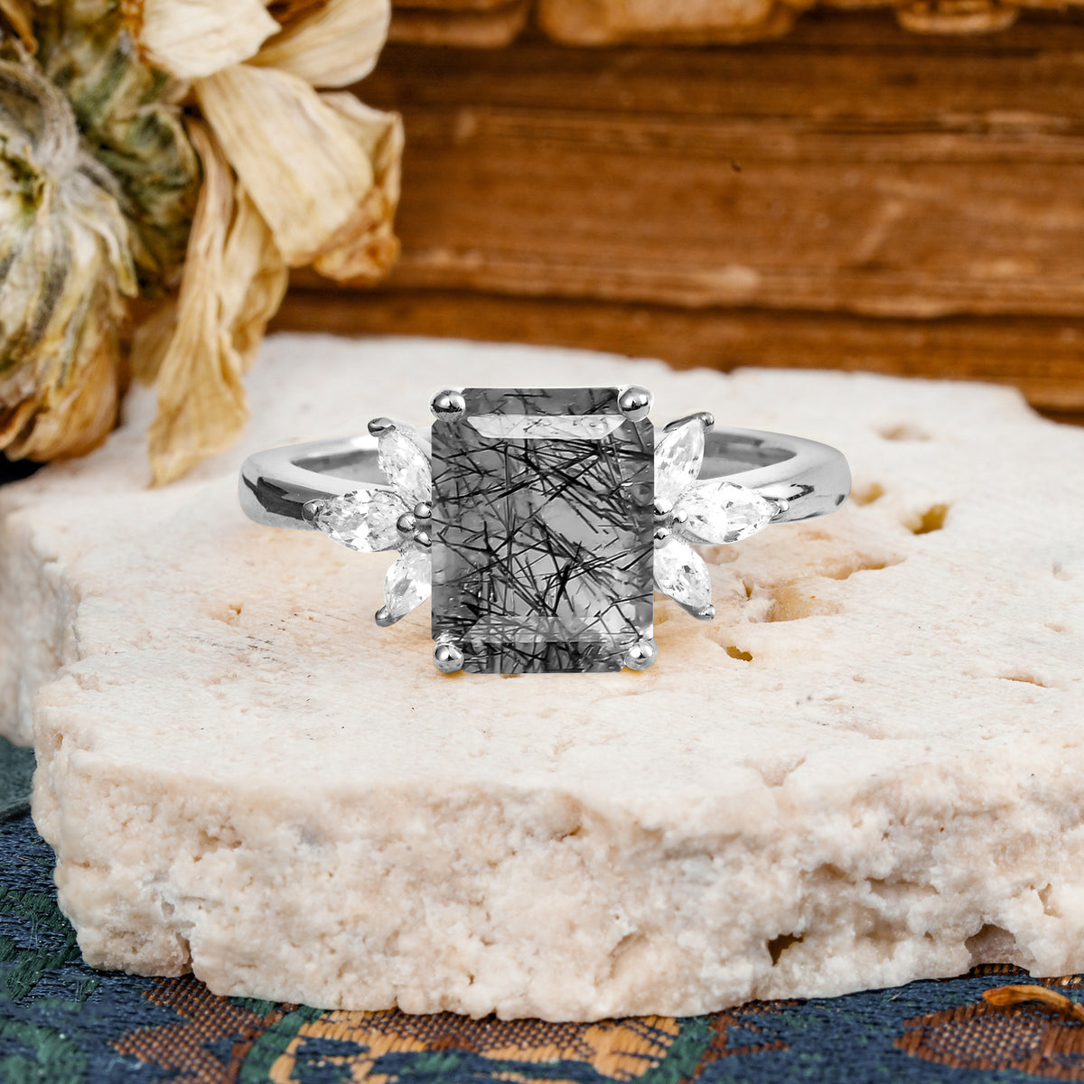 Vintage Emerald Cut Black Rutilated Quartz Side Stone Engagement Ring with Marquise Accents - Additional view
