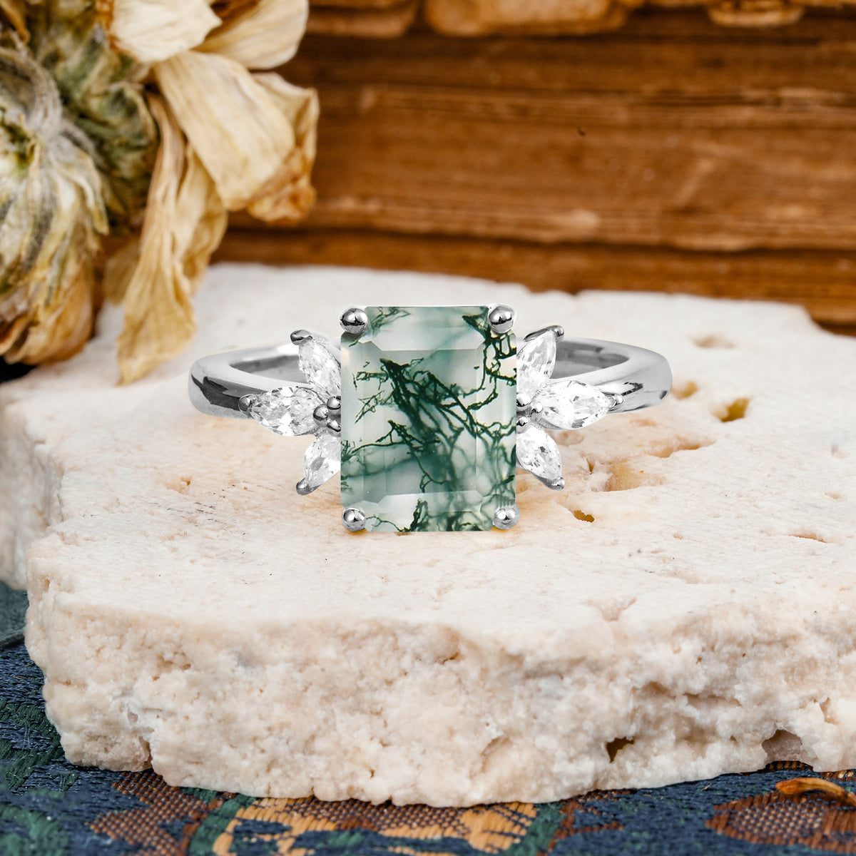 Vintage Emerald Cut Moss Agate Side Stone Engagement Ring with Marquise Accents - Additional view