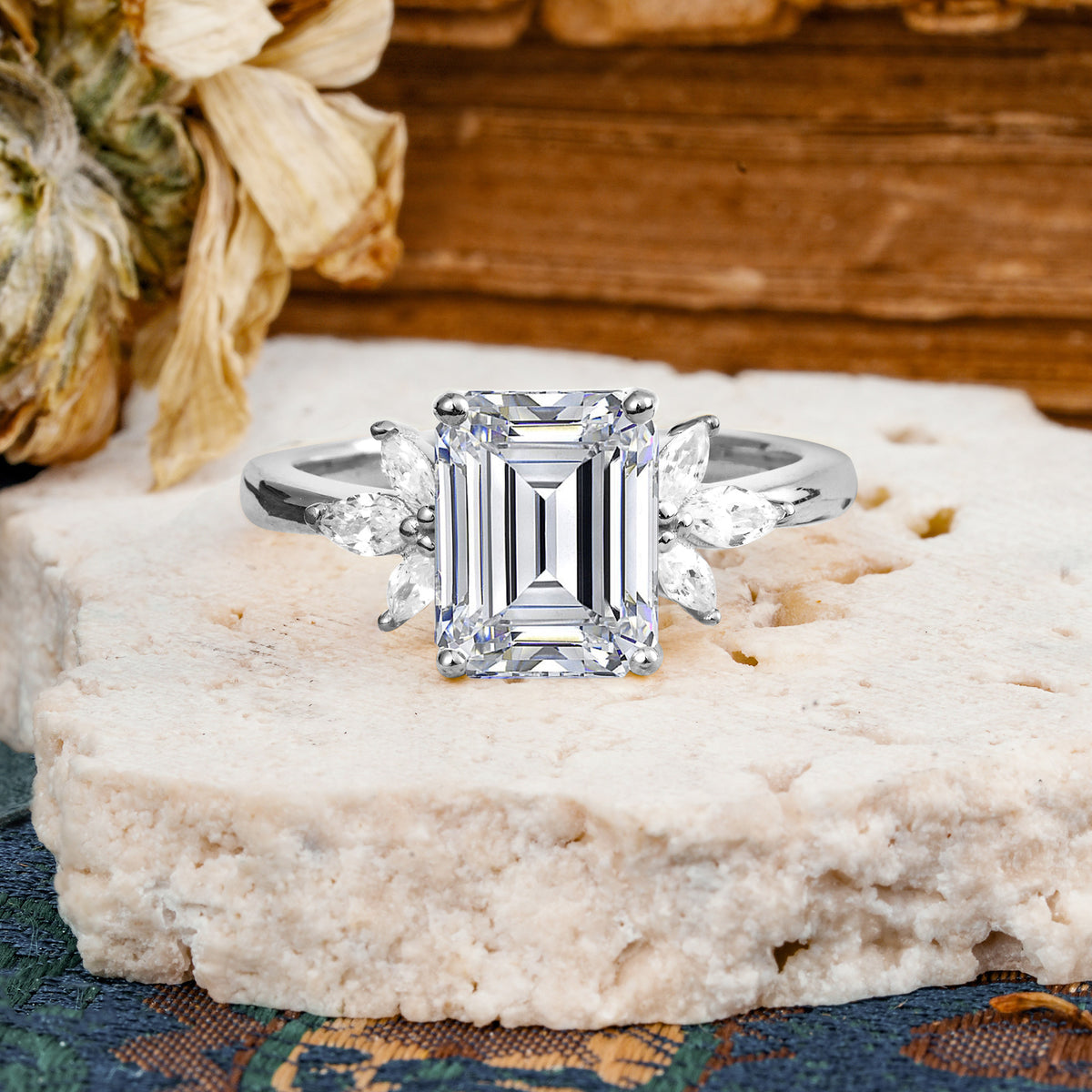 Vintage Emerald Cut Lab Diamond Side Stone Engagement Ring with Marquise Accents - Additional view