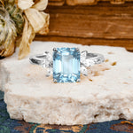 Vintage Emerald Cut Aquamarine Side Stone Engagement Ring with Marquise Accents - Additional view