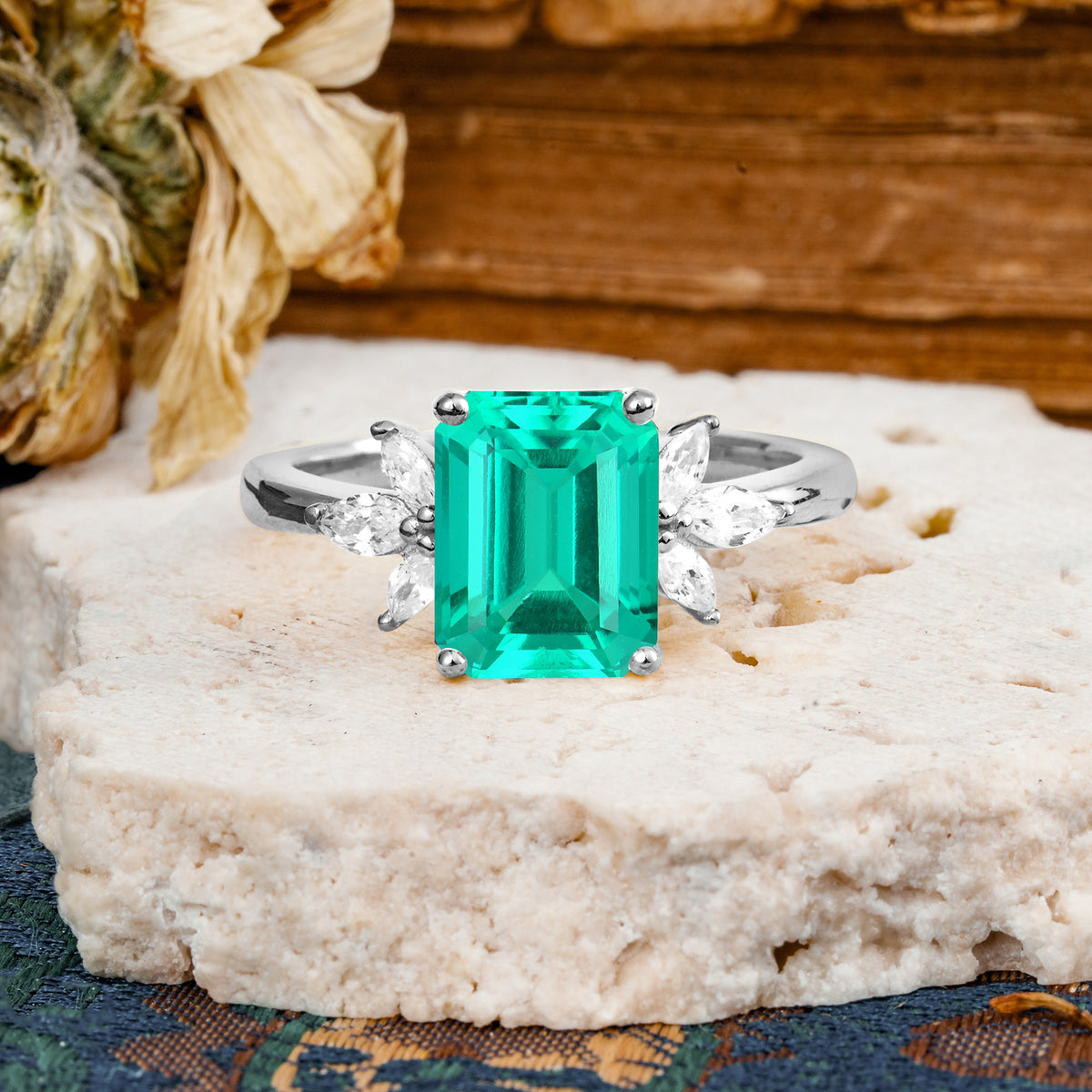 Vintage Emerald Cut Emerald Side Stone Engagement Ring with Marquise Accents - Additional view