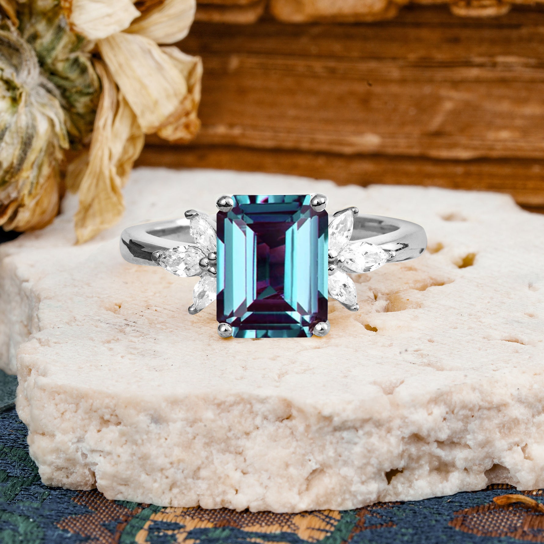 Vintage Emerald Cut Alexandrite Side Stone Engagement Ring with Marquise Accents - Additional view
