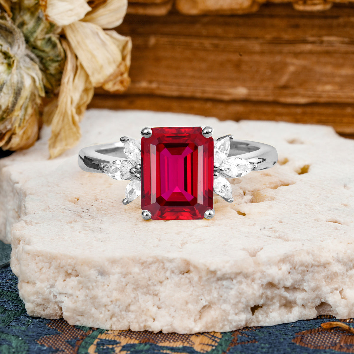 Vintage Emerald Cut Ruby Side Stone Engagement Ring with Marquise Accents - Additional view