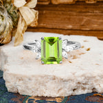 Vintage Emerald Cut Peridot Side Stone Engagement Ring with Marquise Accents - Additional view