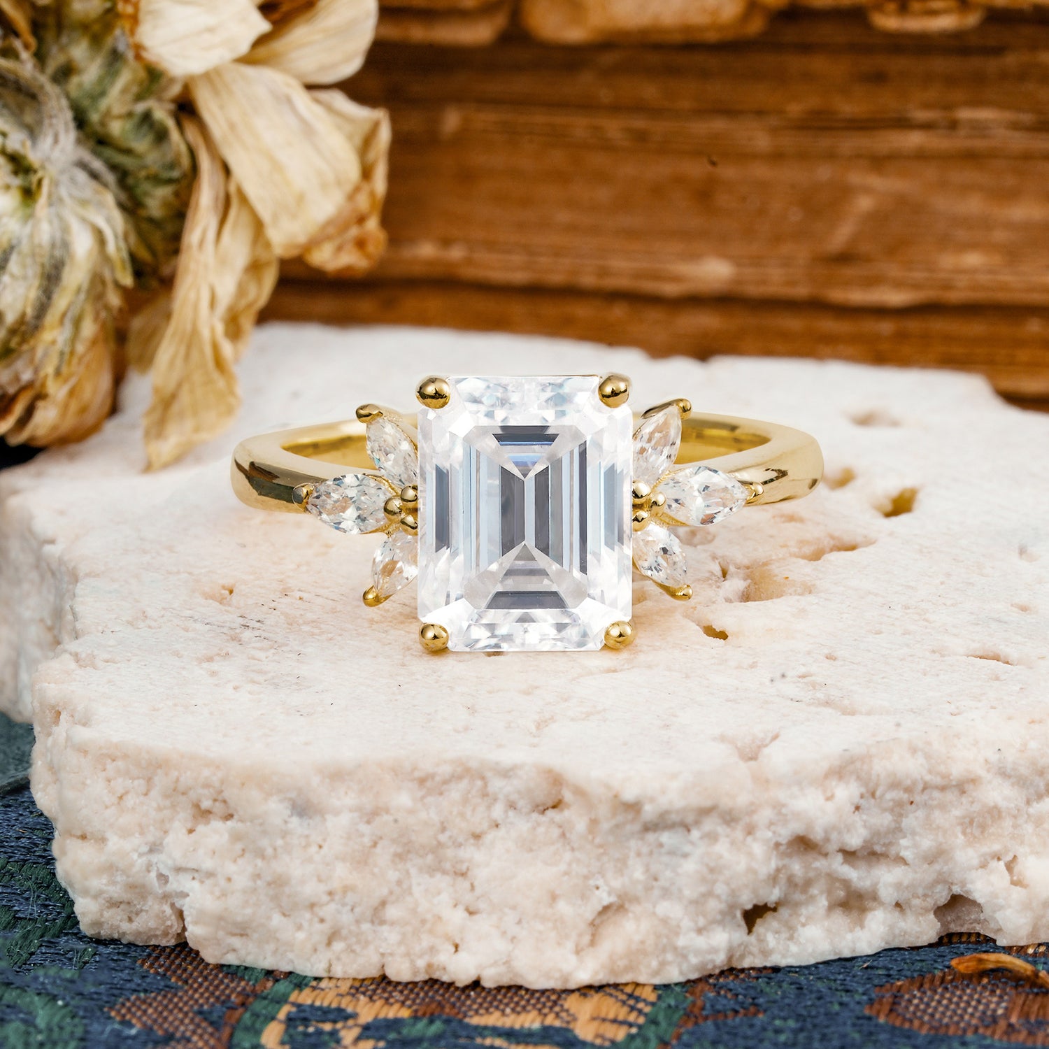 Vintage Emerald Cut Moissanite Side Stone Engagement Ring with Marquise Accents - Additional view