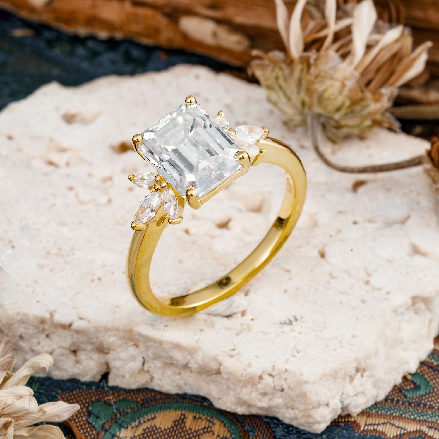 Vintage Emerald Cut Moissanite Side Stone Engagement Ring with Marquise Accents - Additional view