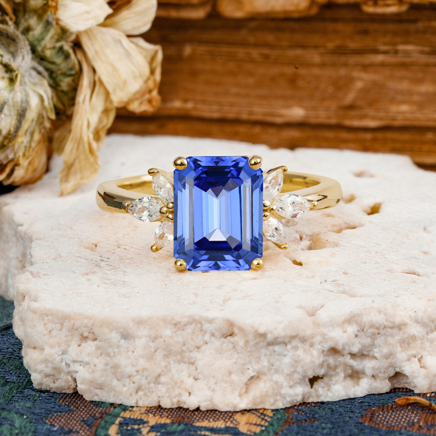 Vintage Emerald Cut Sapphire Side Stone Engagement Ring with Marquise Accents - Additional view