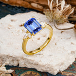 Vintage Emerald Cut Sapphire Side Stone Engagement Ring with Marquise Accents - Additional view