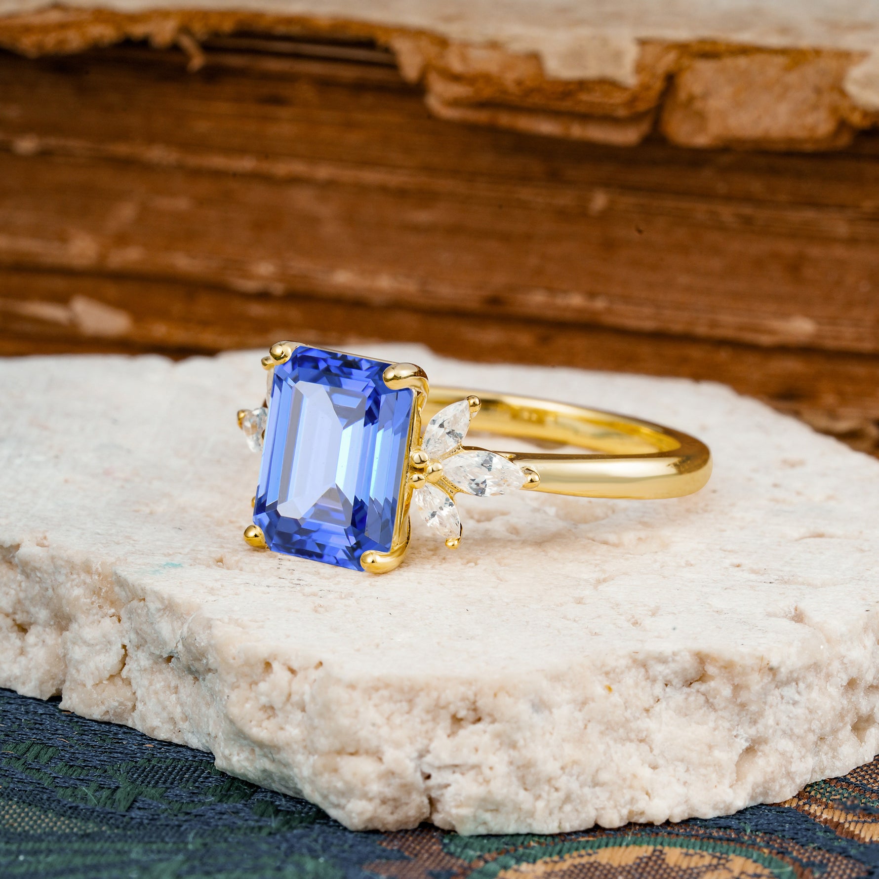 Vintage Emerald Cut Sapphire Side Stone Engagement Ring with Marquise Accents - Additional view
