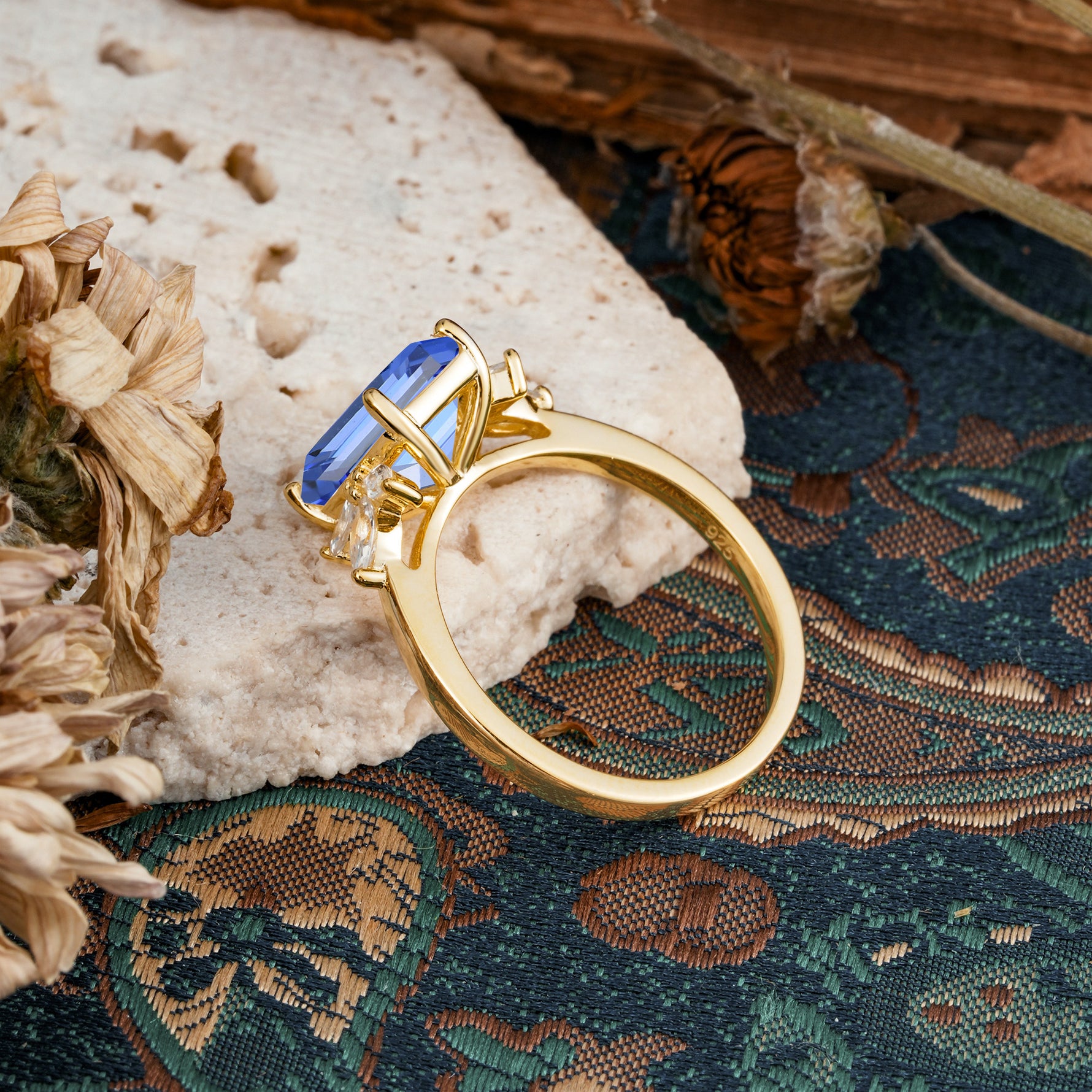 Vintage Emerald Cut Sapphire Side Stone Engagement Ring with Marquise Accents - Additional view