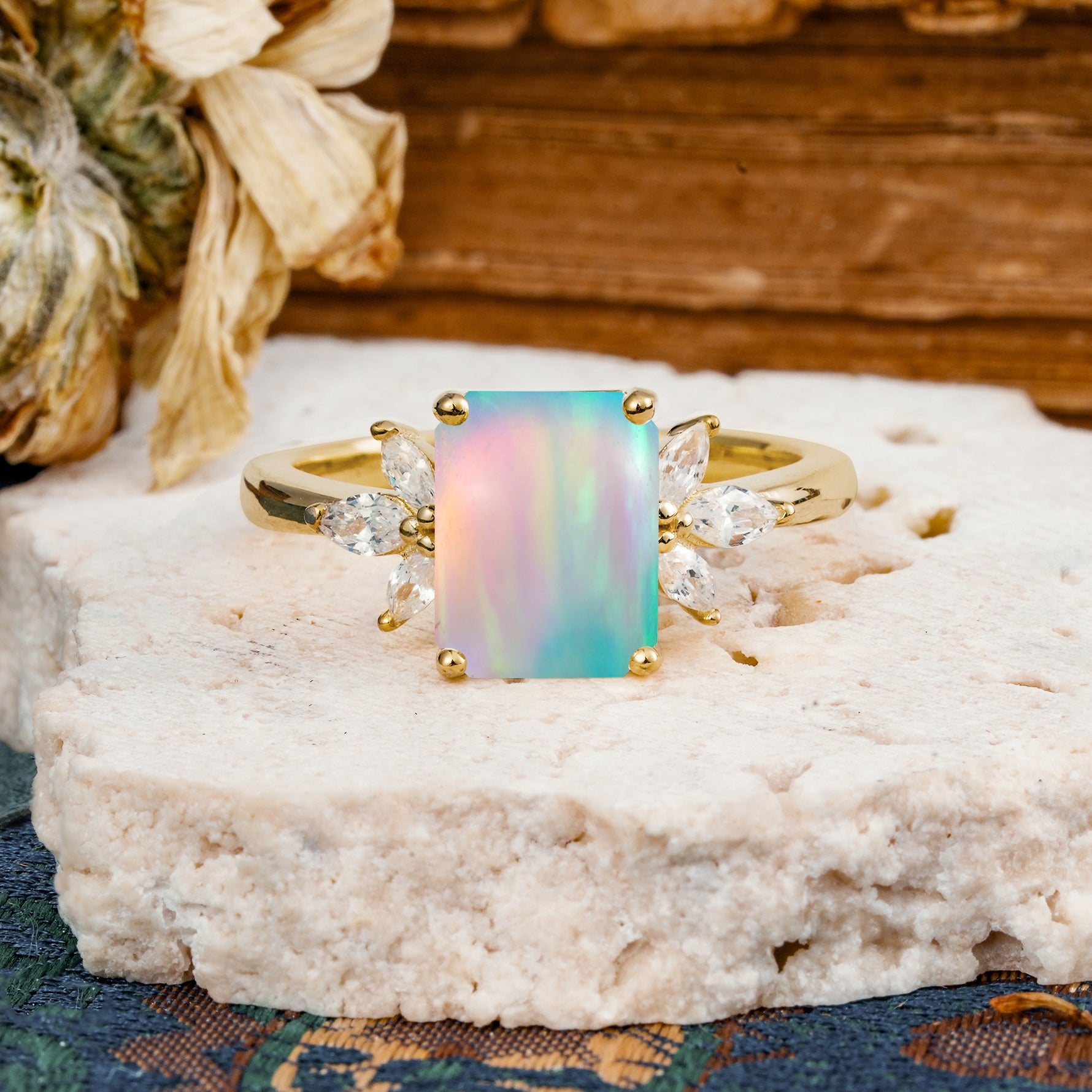 Vintage Emerald Cut Fire Opal Side Stone Engagement Ring with Marquise Accents - Additional view