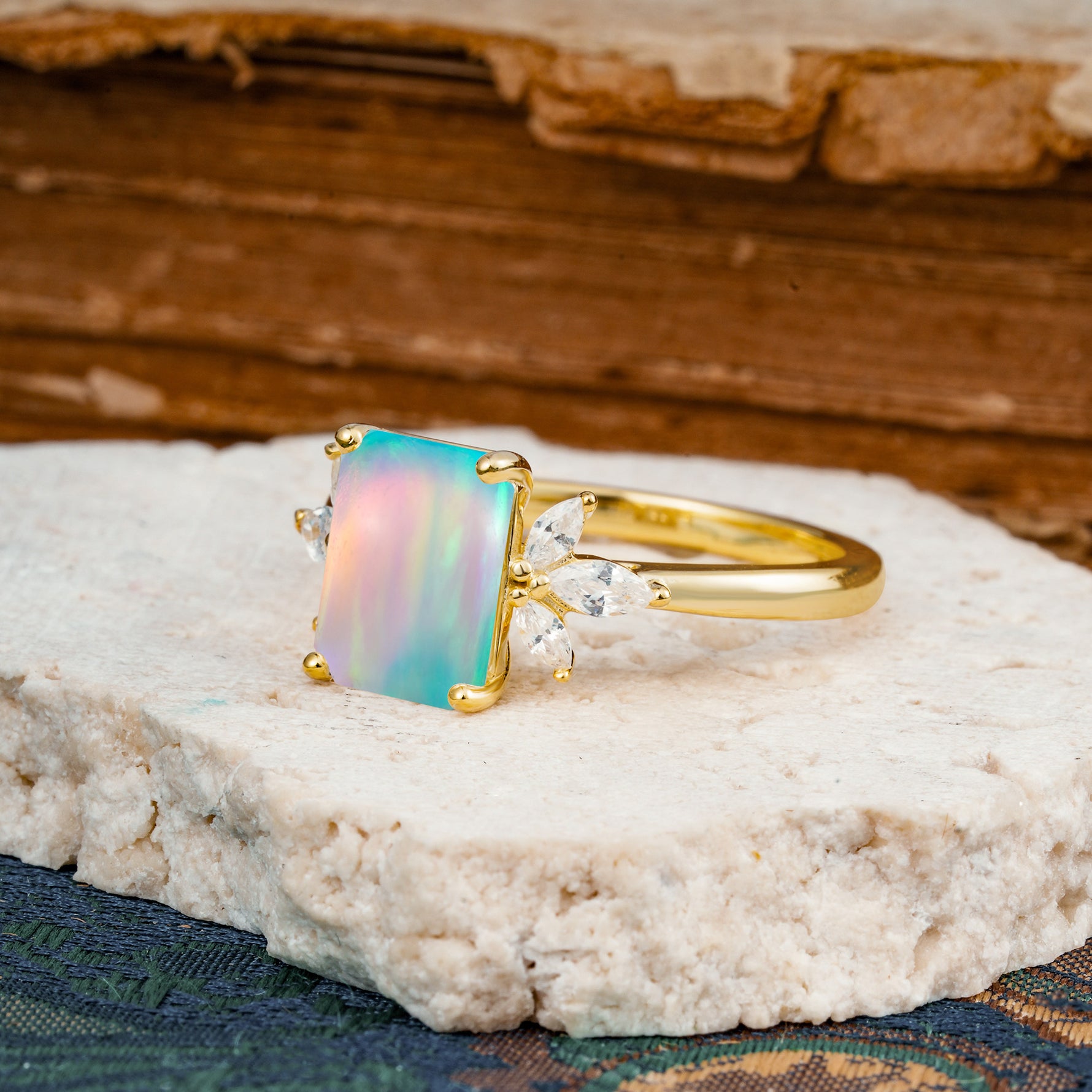 Vintage Emerald Cut Fire Opal Side Stone Engagement Ring with Marquise Accents - Additional view