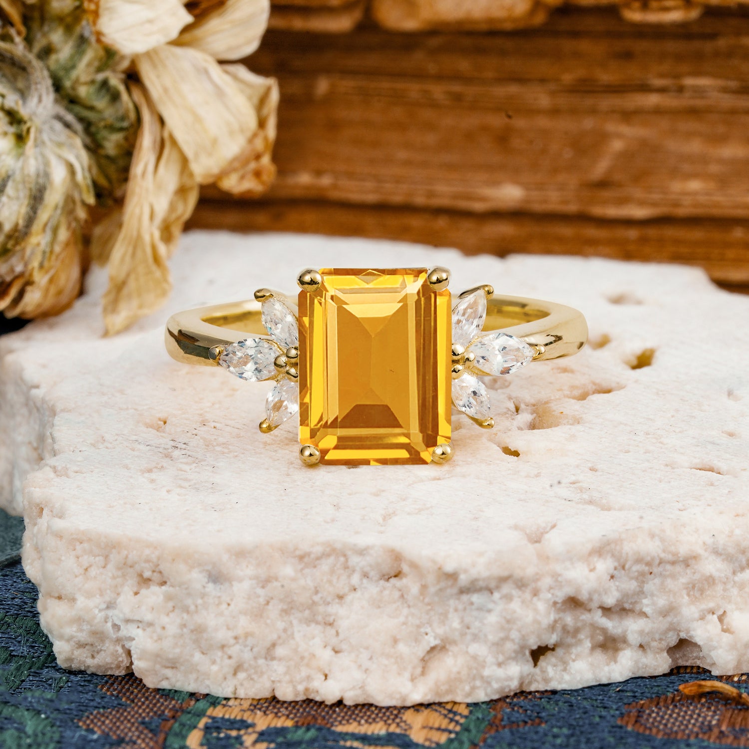 Vintage Emerald Cut Citrine Side Stone Engagement Ring with Marquise Accents - Additional view