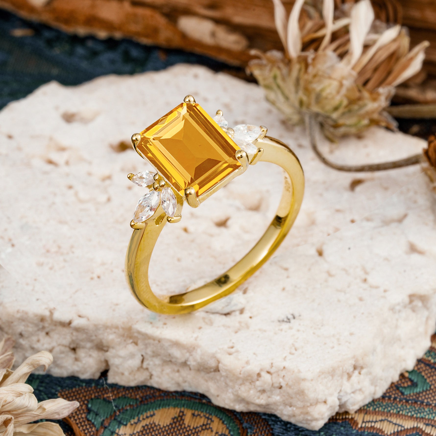 Vintage Emerald Cut Citrine Side Stone Engagement Ring with Marquise Accents - Additional view