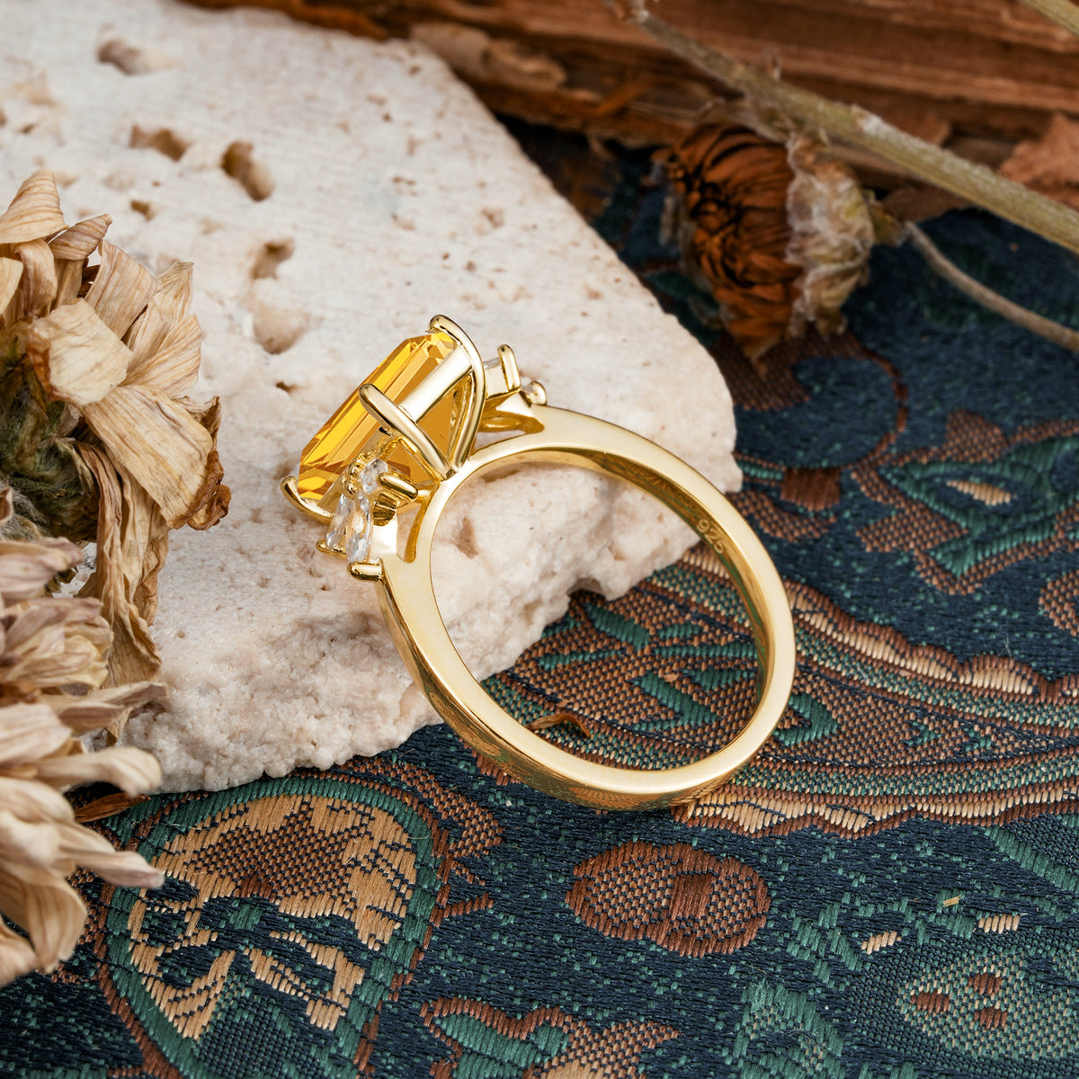 Vintage Emerald Cut Citrine Side Stone Engagement Ring with Marquise Accents - Additional view