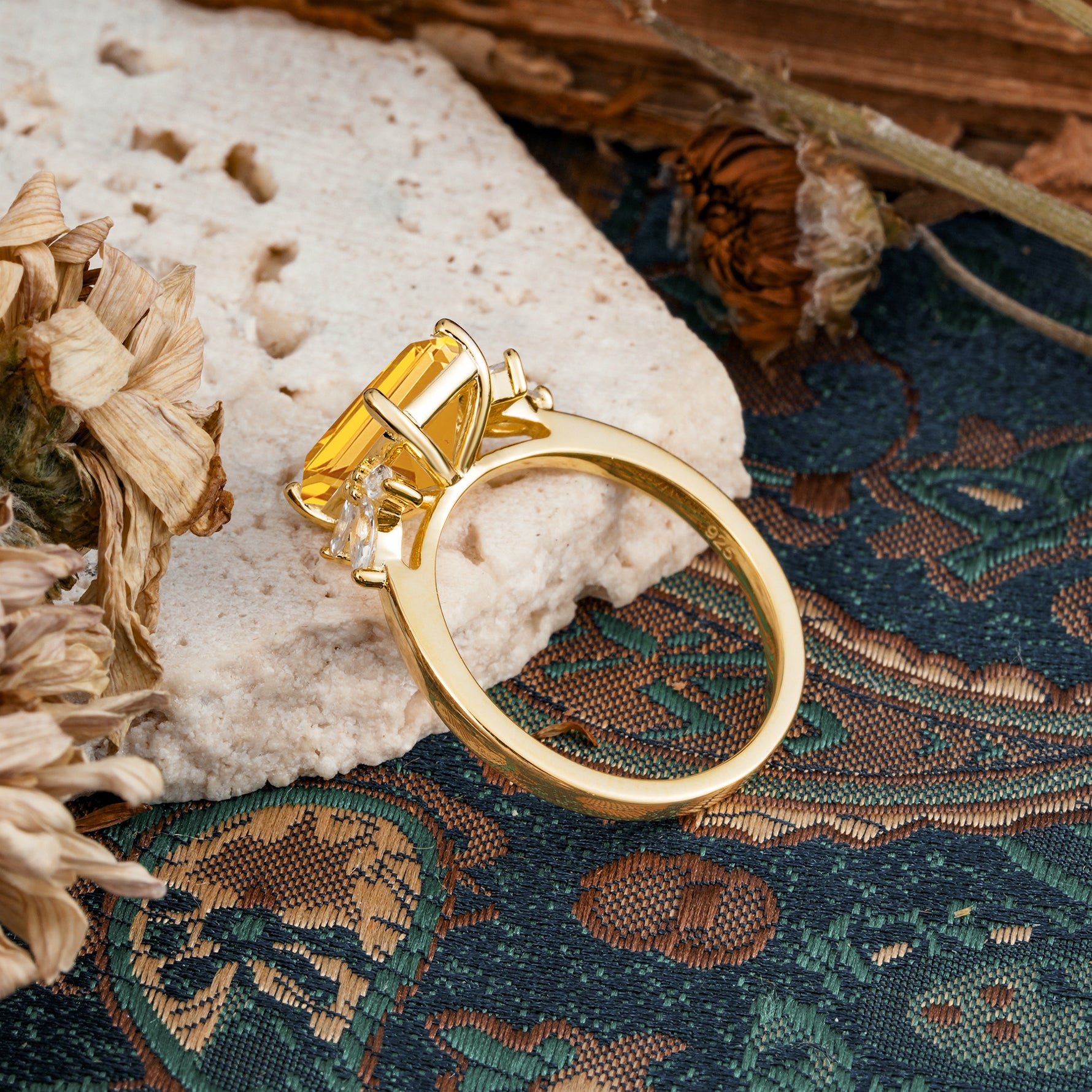 Vintage Emerald Cut Citrine Side Stone Engagement Ring with Marquise Accents - Additional view