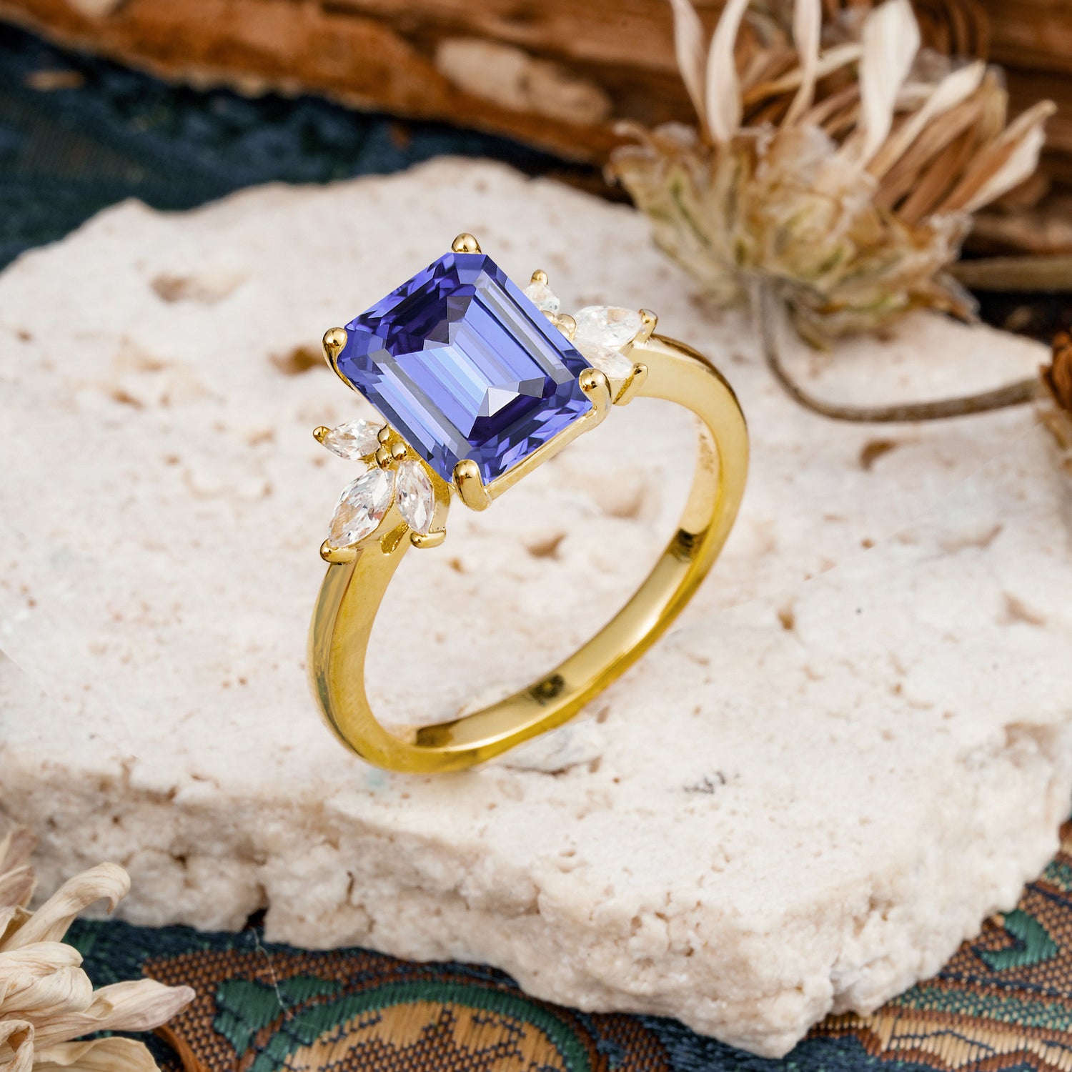 Vintage Emerald Cut Tanzanite Side Stone Engagement Ring with Marquise Accents - Additional view