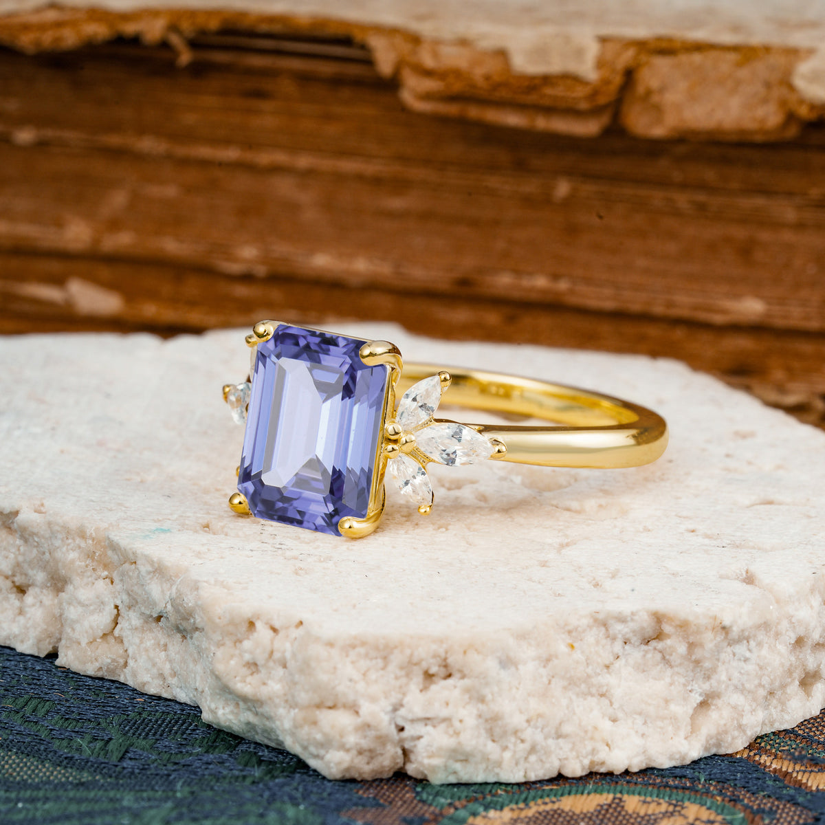 Vintage Emerald Cut Tanzanite Side Stone Engagement Ring with Marquise Accents - Additional view