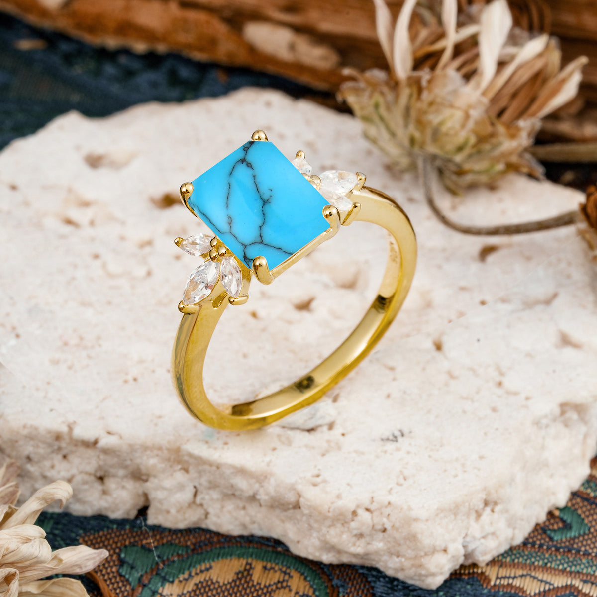 Vintage Emerald Cut Turquoise Side Stone Engagement Ring with Marquise Accents - Additional view