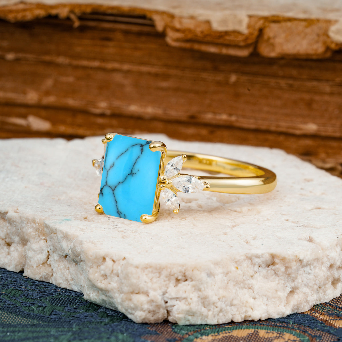 Vintage Emerald Cut Turquoise Side Stone Engagement Ring with Marquise Accents - Additional view