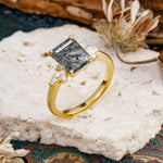 Vintage Emerald Cut Black Rutilated Quartz Side Stone Engagement Ring with Marquise Accents - Additional view