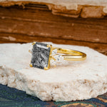 Vintage Emerald Cut Black Rutilated Quartz Side Stone Engagement Ring with Marquise Accents - Additional view
