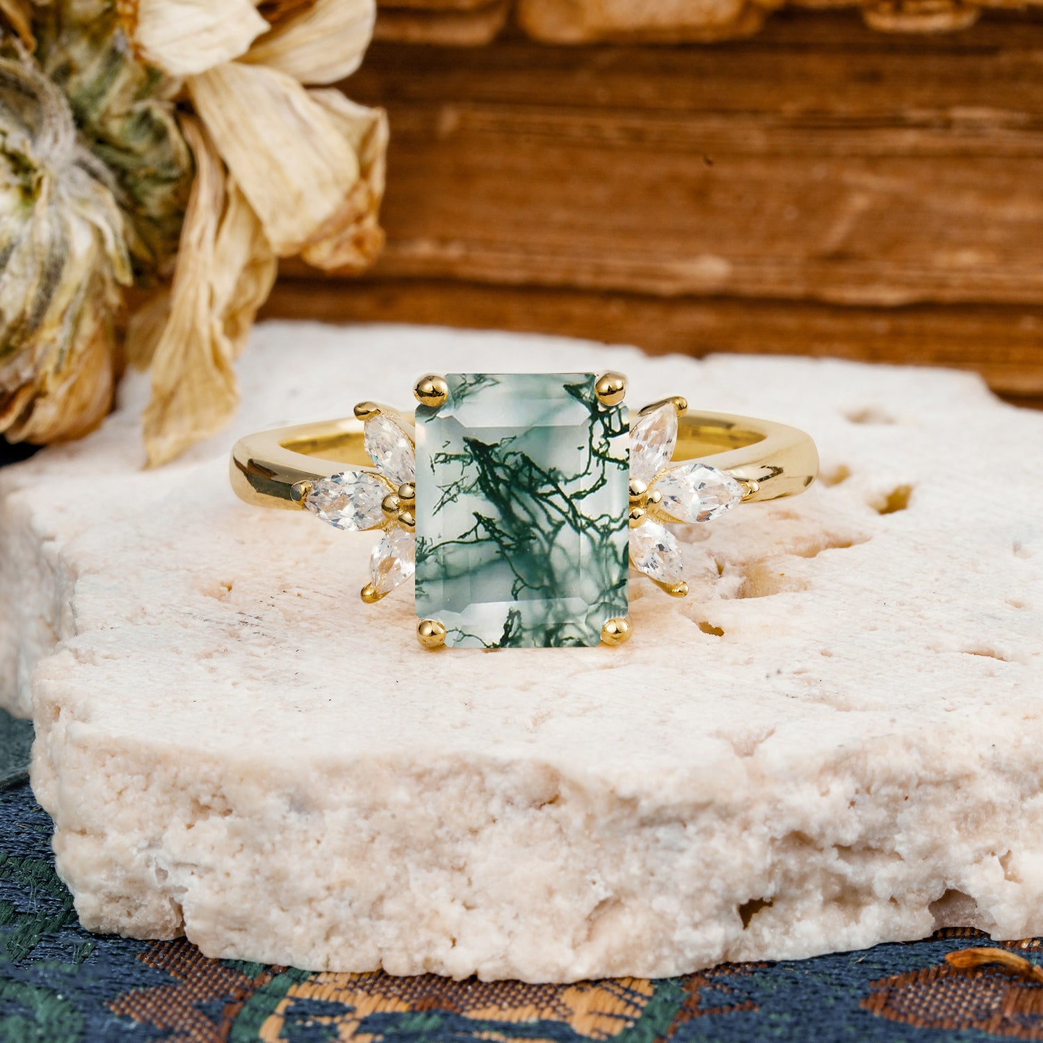 Vintage Emerald Cut Moss Agate Side Stone Engagement Ring with Marquise Accents - Additional view