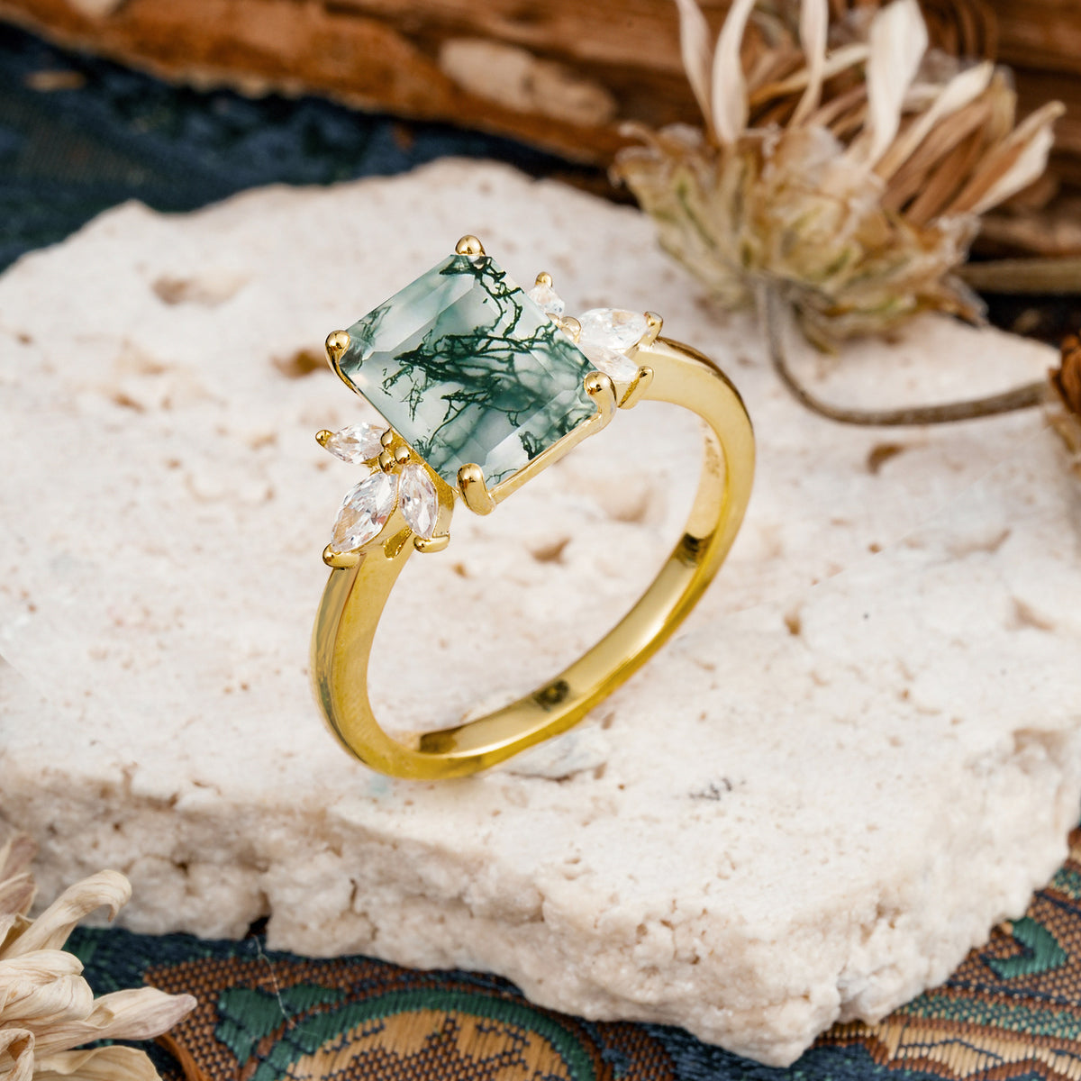 Vintage Emerald Cut Moss Agate Side Stone Engagement Ring with Marquise Accents - Additional view