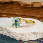 Vintage Emerald Cut Moss Agate Side Stone Engagement Ring with Marquise Accents - Additional view