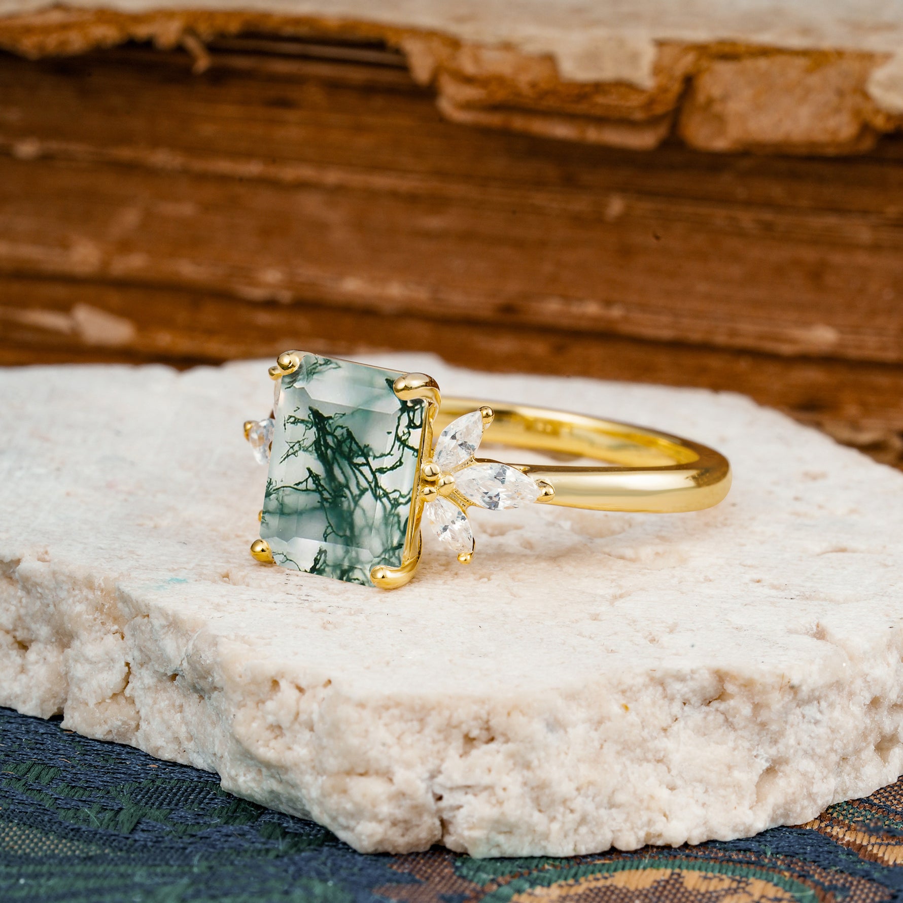 Vintage Emerald Cut Moss Agate Side Stone Engagement Ring with Marquise Accents - Additional view