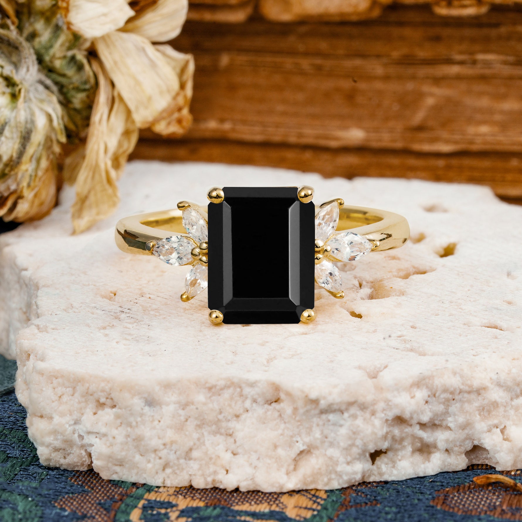 Vintage Emerald Cut Black Onyx Side Stone Engagement Ring with Marquise Accents - Additional view