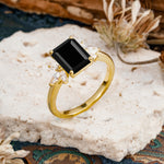 Vintage Emerald Cut Black Onyx Side Stone Engagement Ring with Marquise Accents - Additional view