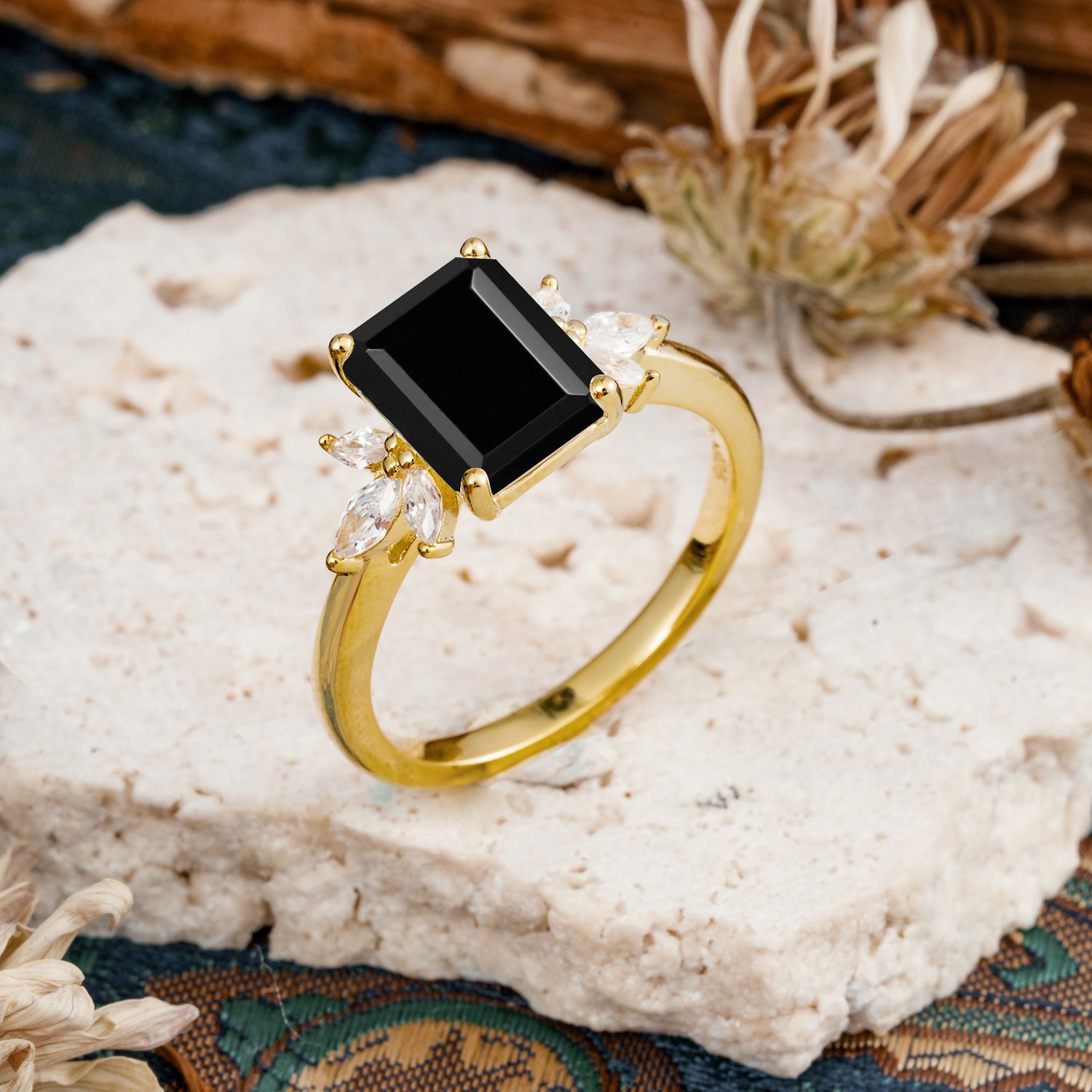 Vintage Emerald Cut Black Onyx Side Stone Engagement Ring with Marquise Accents - Additional view