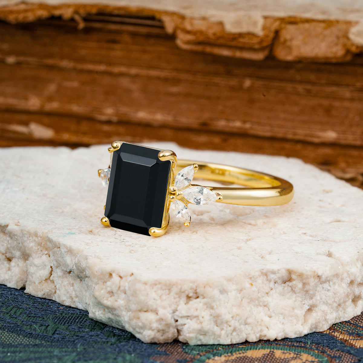 Vintage Emerald Cut Black Onyx Side Stone Engagement Ring with Marquise Accents - Additional view