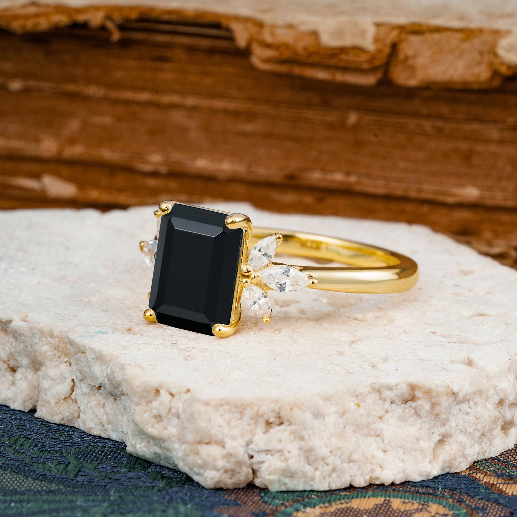 Vintage Emerald Cut Black Onyx Side Stone Engagement Ring with Marquise Accents - Additional view