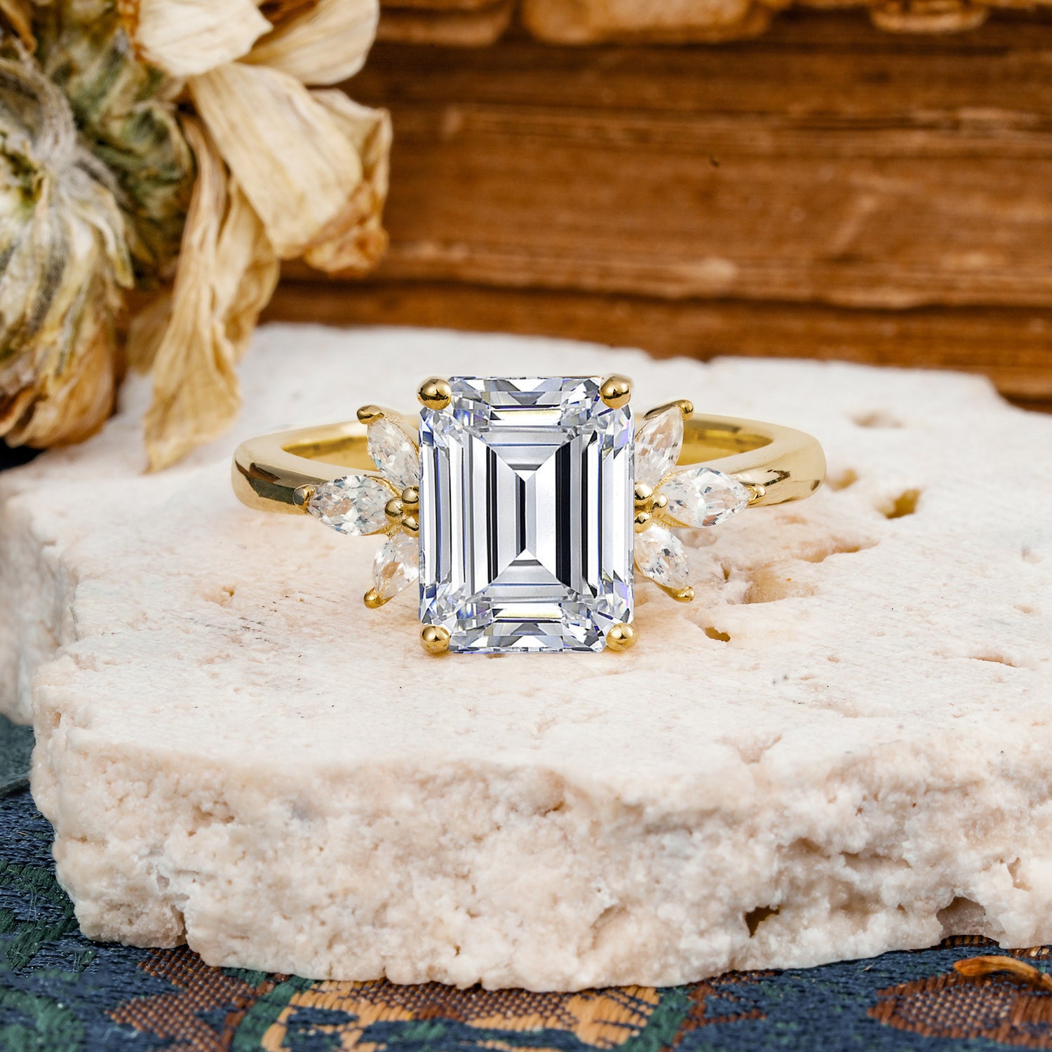 Vintage Emerald Cut Lab Diamond Side Stone Engagement Ring with Marquise Accents - Additional view