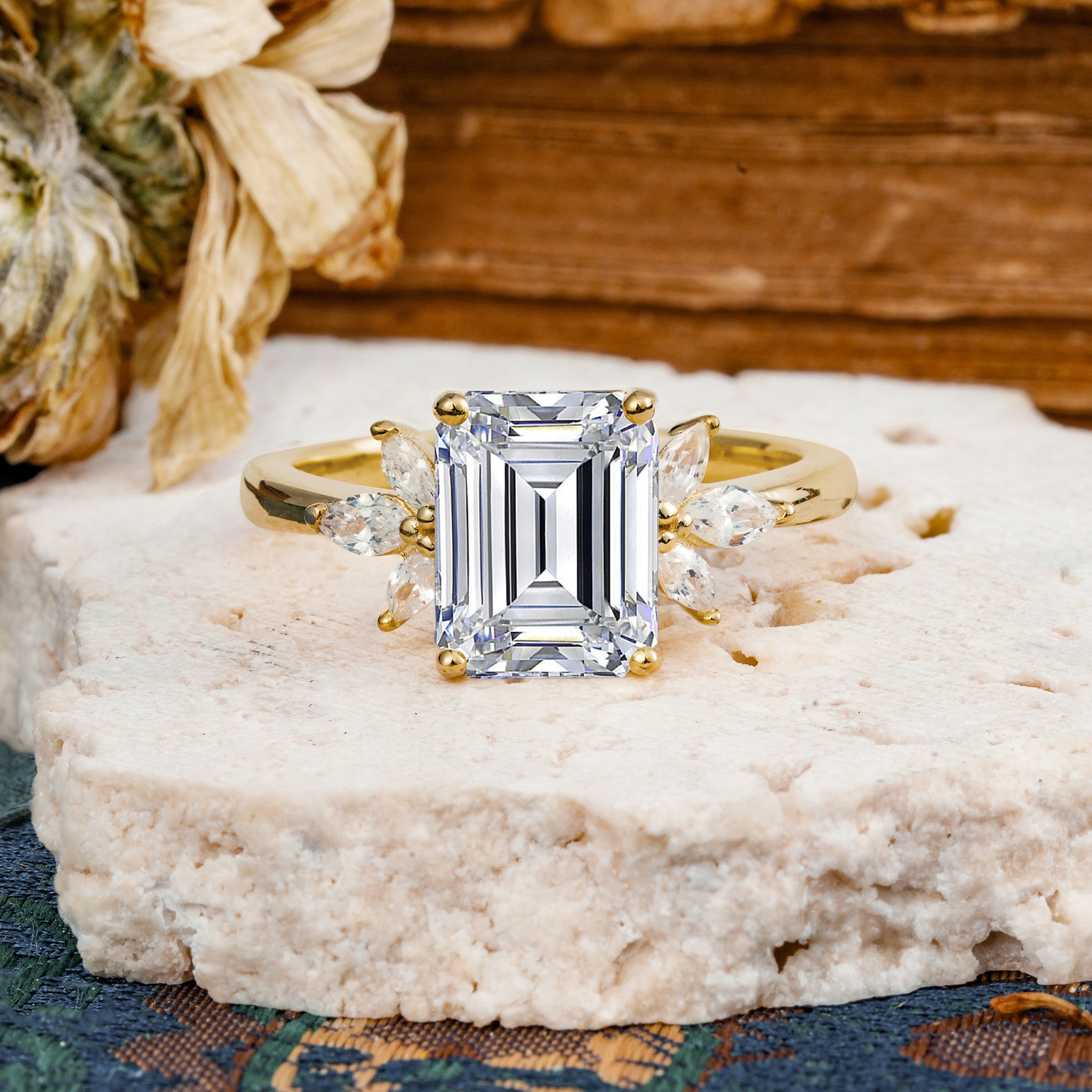 Vintage Emerald Cut Lab Diamond Side Stone Engagement Ring with Marquise Accents - Additional view