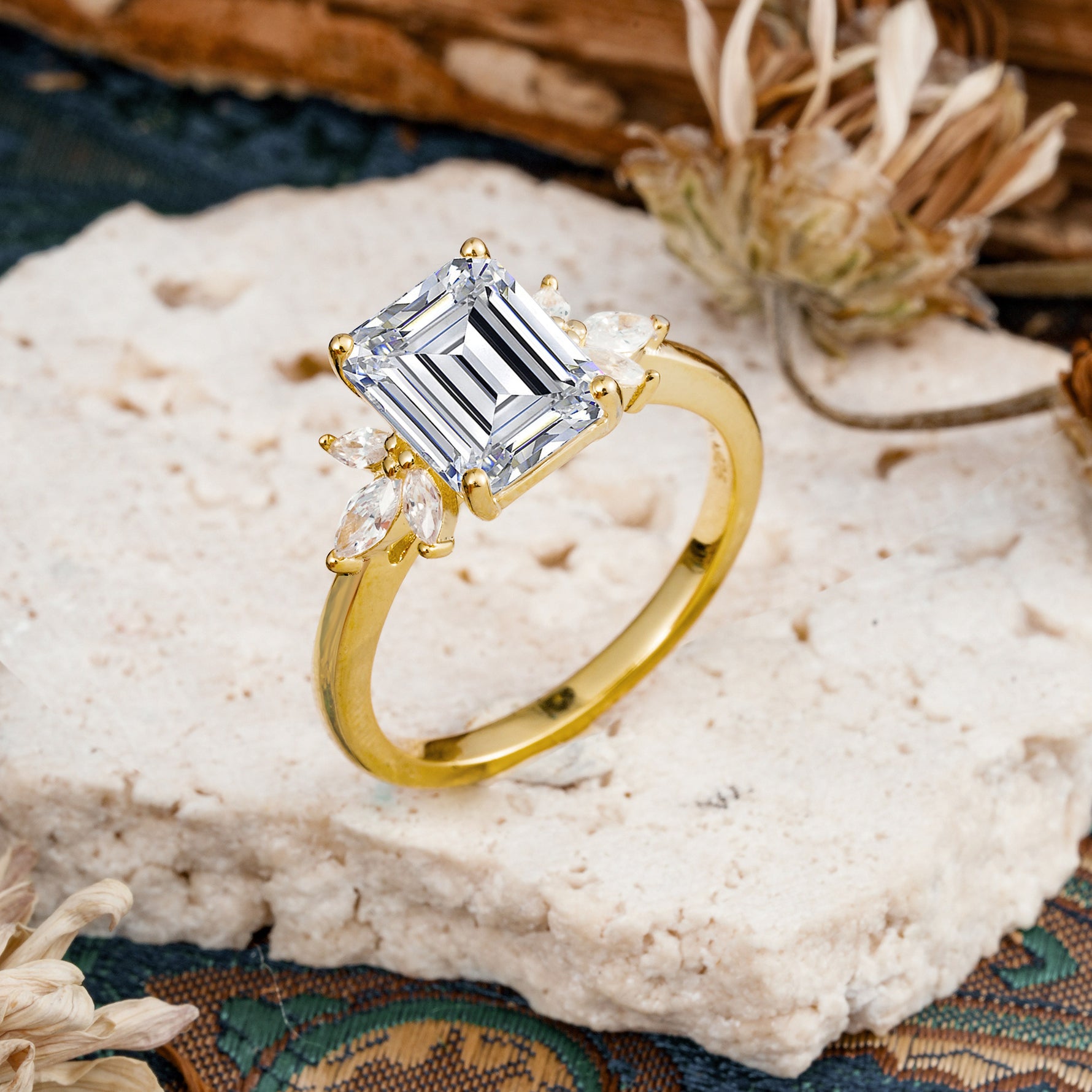 Vintage Emerald Cut Lab Diamond Side Stone Engagement Ring with Marquise Accents - Additional view