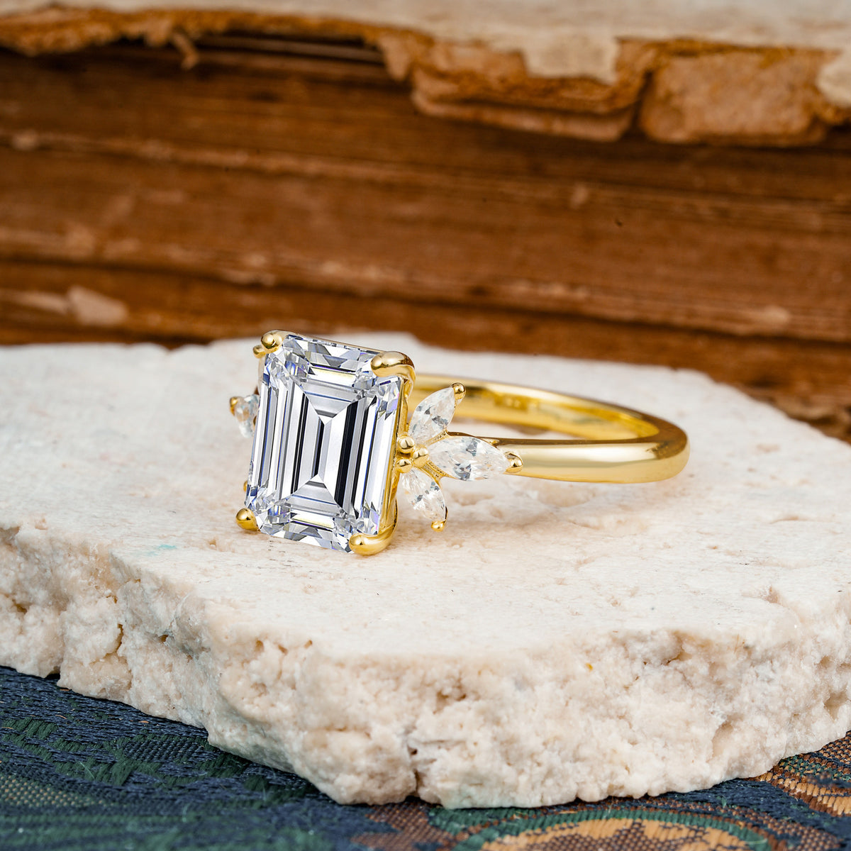 Vintage Emerald Cut Lab Diamond Side Stone Engagement Ring with Marquise Accents - Additional view