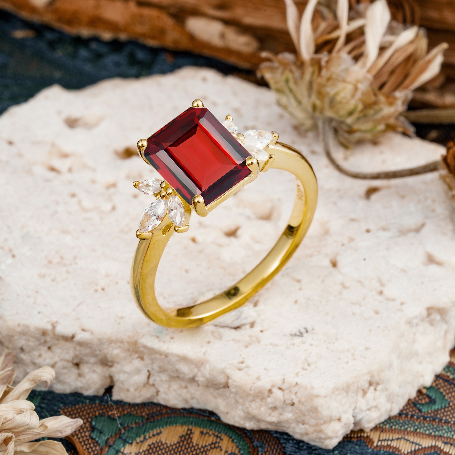 Vintage Emerald Cut Garnet Side Stone Engagement Ring with Marquise Accents - Additional view